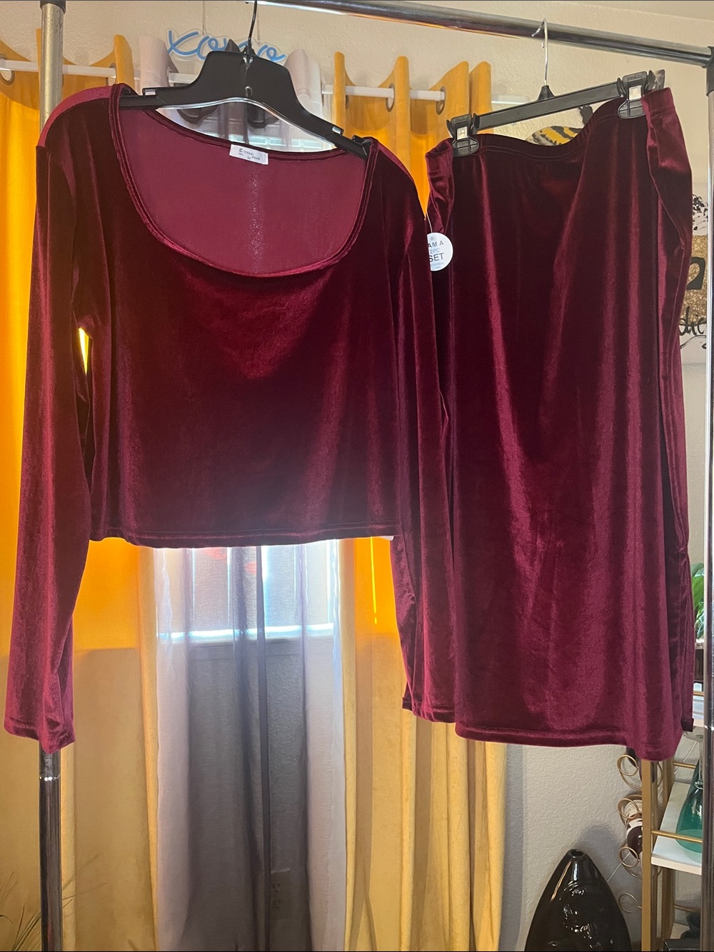 Velvet Long-Sleeve Crop Top/ Skirt in Deep Burgundy